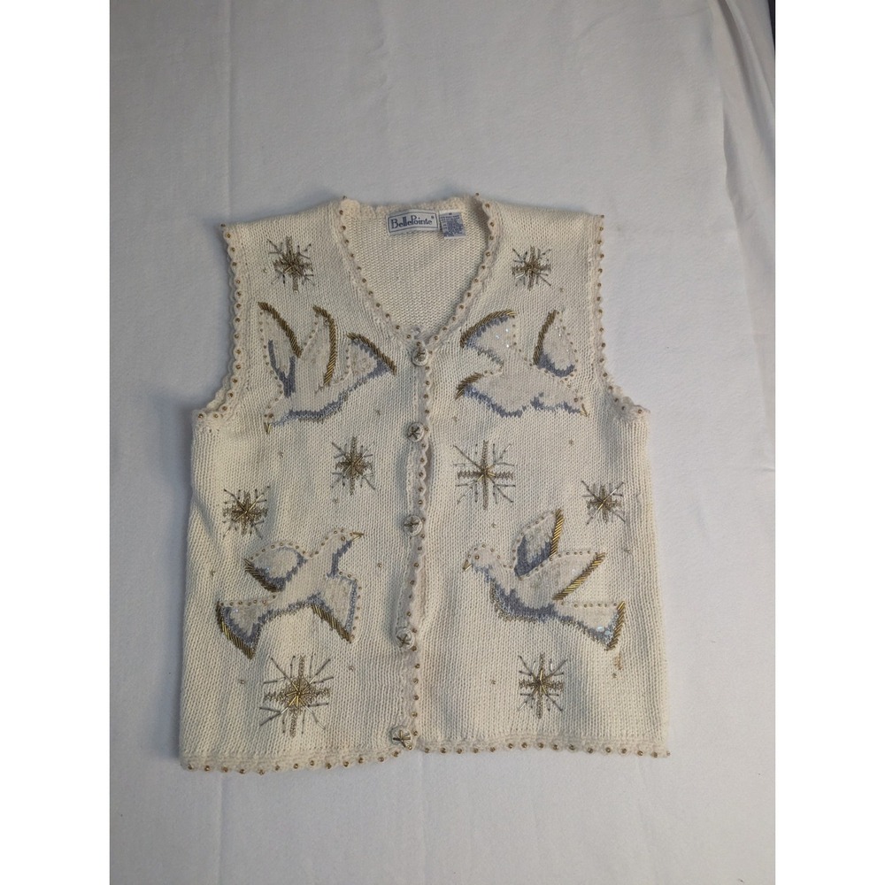 Vintage BellePointe Sweater Vest Embroidered Beaded Doves Grandma Cottagecore M